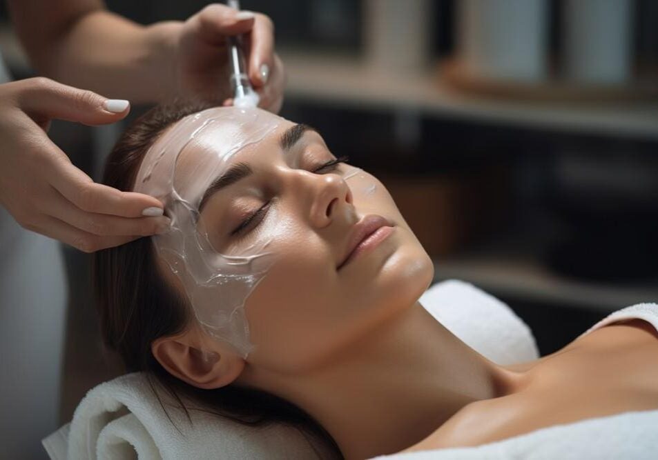 Woman receiving a relaxing facial treatment at a spa.